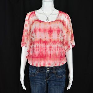 Shira P size Small Pink and White Flutter Sleeve Sheer Blouse with Sewn in Tank